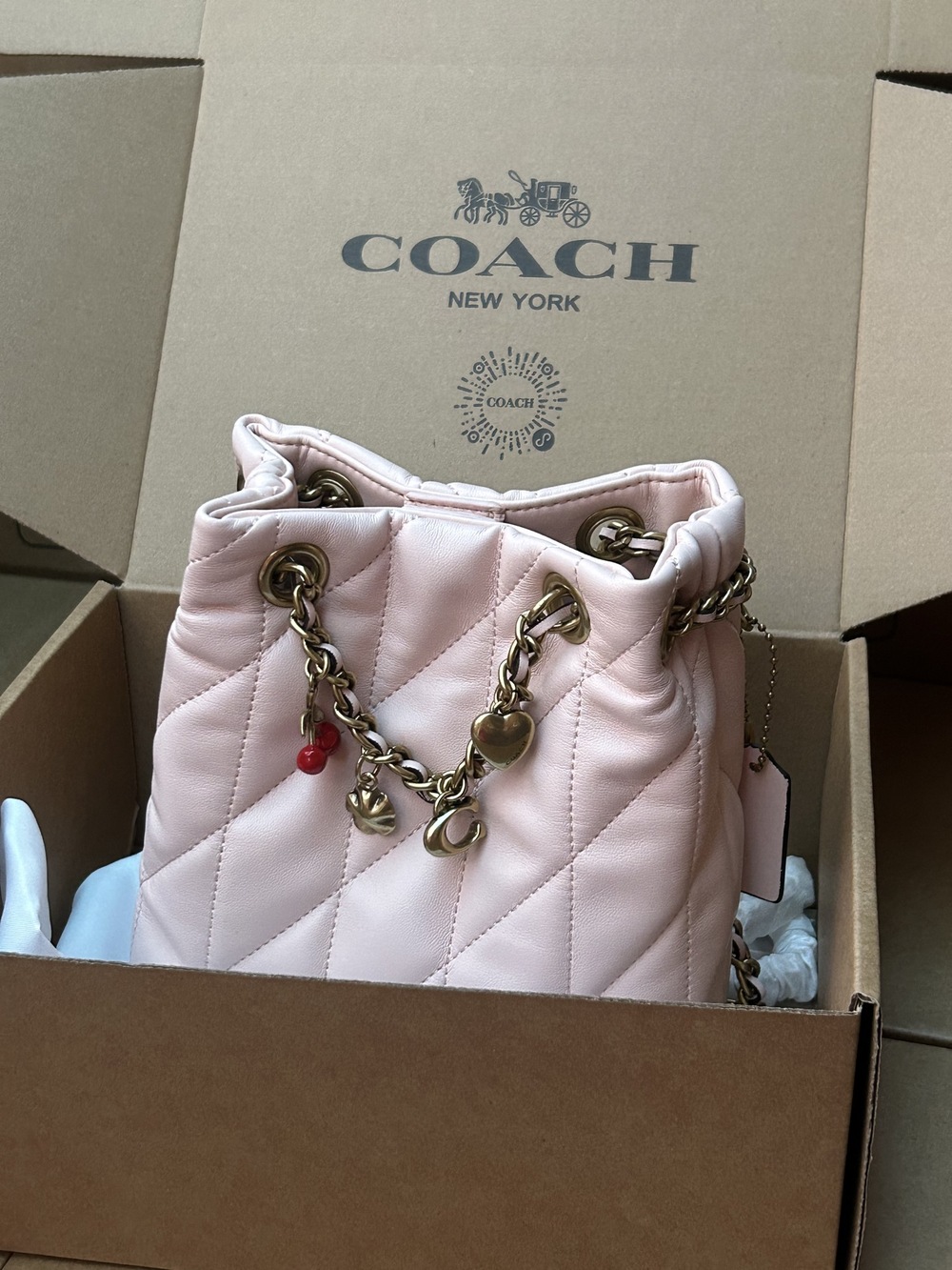 Coach Light Pink Quilted Leather Mini Bucket Bag With Cherry Charm - Picture 3 of 9